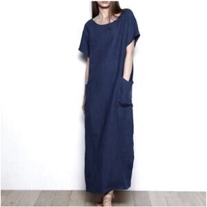 Christy Dawn Seaton Navy 100% Linen Maxi Dress XS/S Oversized Sustainable Boho‎